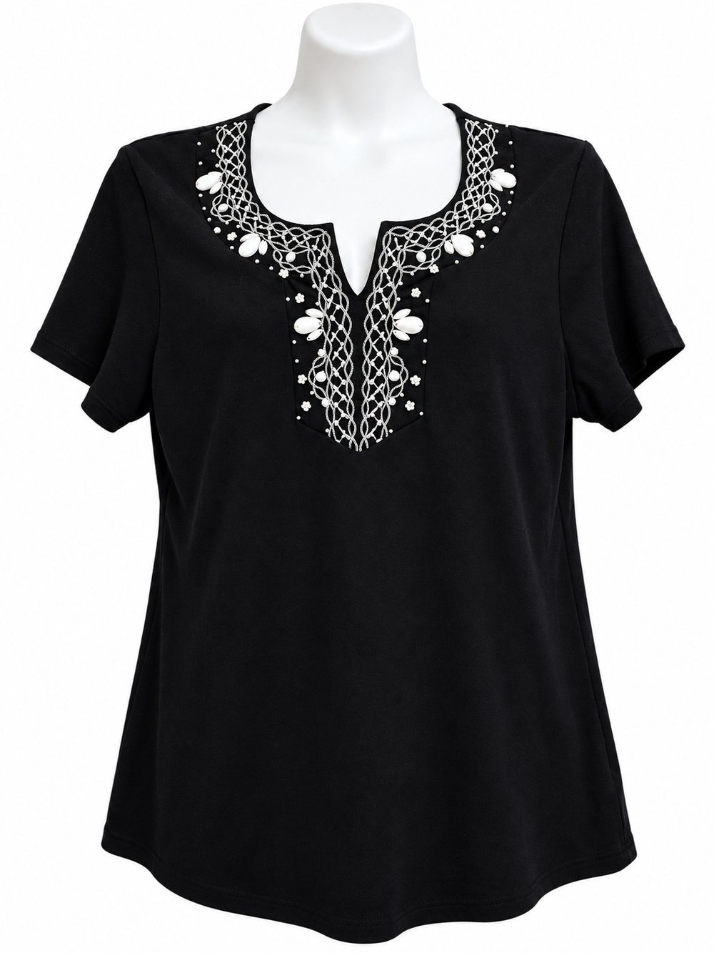 JM Collection Black Short-Sleeve Top with White Embroidered & Beaded Neckline